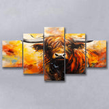 Colorful Highland Cow Long Horn Oil Painting, 5 Panels Mixed Large Canvas, Canvas Prints Wall Art Decor
