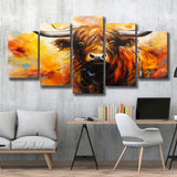 Colorful Highland Cow Long Horn Oil Painting, 5 Panels Mixed Large Canvas, Canvas Prints Wall Art Decor