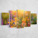 Colorful Wildflower Picture in Sunset, Mixed 5 Panel Canvas Print Wall Art Home Decor, Large Canvas Painting