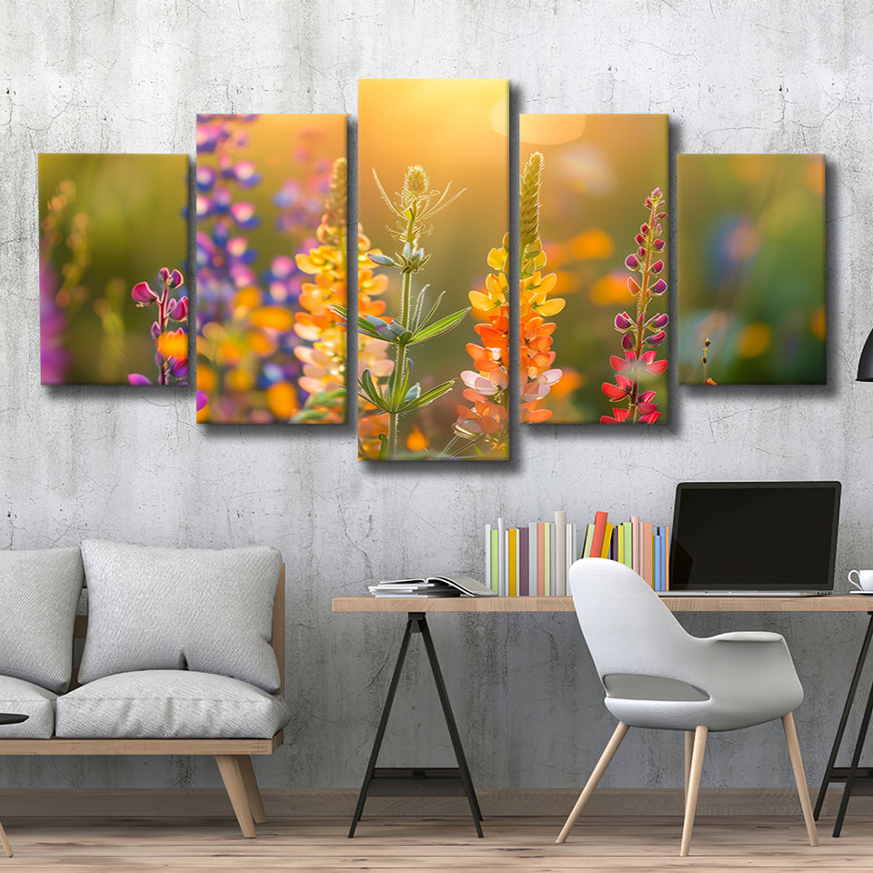 Colorful Wildflower Picture in Sunset, Mixed 5 Panel Canvas Print Wall Art Home Decor, Large Canvas Painting