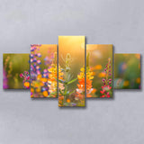 Colorful Wildflower Picture in Sunset, Mixed 5 Panel Canvas Print Wall Art Home Decor, Large Canvas Painting