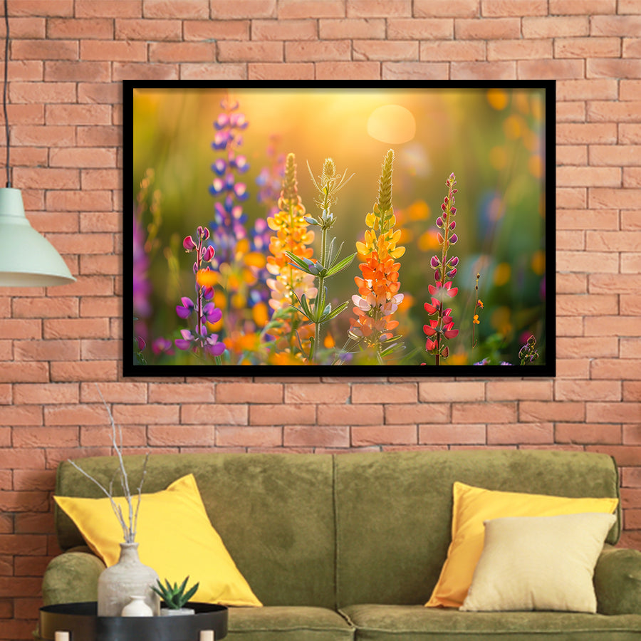 Colorful Wildflower Picture in Sunset, Framed Art Print Wall Decor, Picture Framed Painting Art