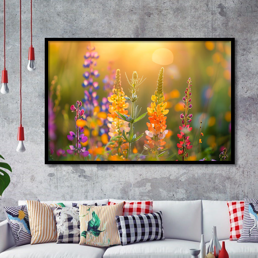 Colorful Wildflower Picture in Sunset, Framed Art Print Wall Decor, Picture Framed Painting Art