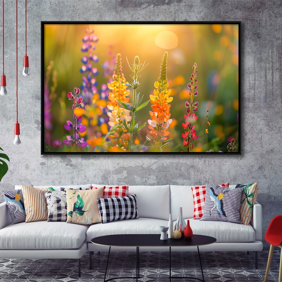 Colorful Wildflower Picture in Sunset, Framed Canvas Print Wall Art Decor, Floating Frame Painting Canvas