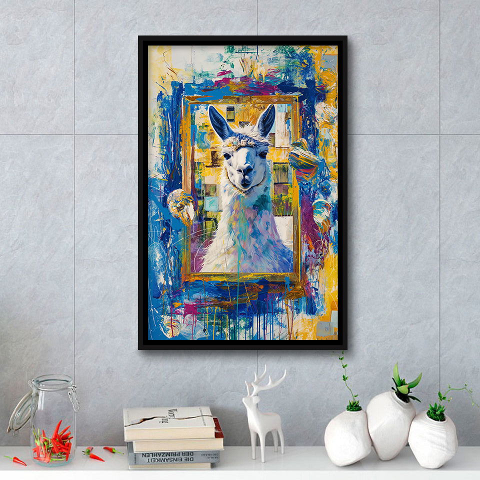 Conjure An Llama Abstract Expressionist Painting, Framed Canvas Prints Wall Art Decor, Floarting Frame Painting Canvas Art