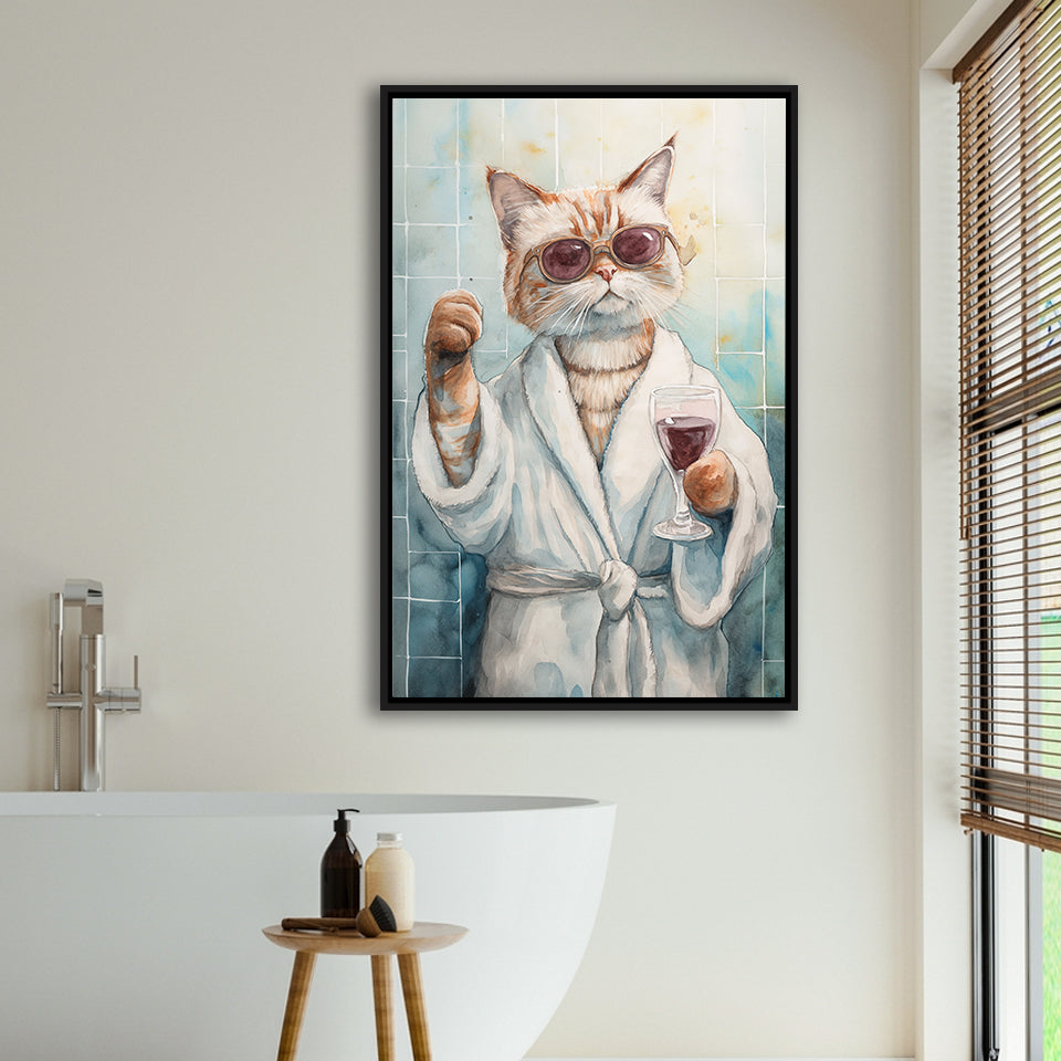 Cool Cat Holding The Cup Of Red Wine In Bathroom Decor Framed Canvas Prints Wall Art, Bathroom Framed Art Decor