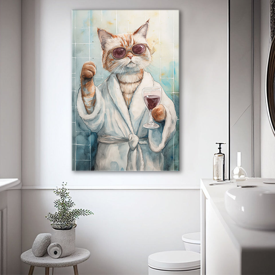 Cool Cat Holding The Cup Of Red Wine In Bathroom Decor Canvas Prints Wall Art, Bathroom Art Decor,