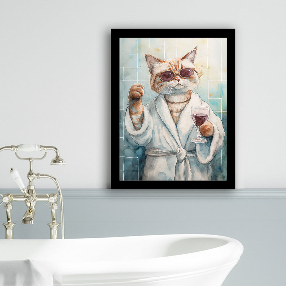 Cool Cat Holding The Cup Of Red Wine In Bathroom Decor Framed Art Print Wall Decor, Bathroom Framed Art Decor