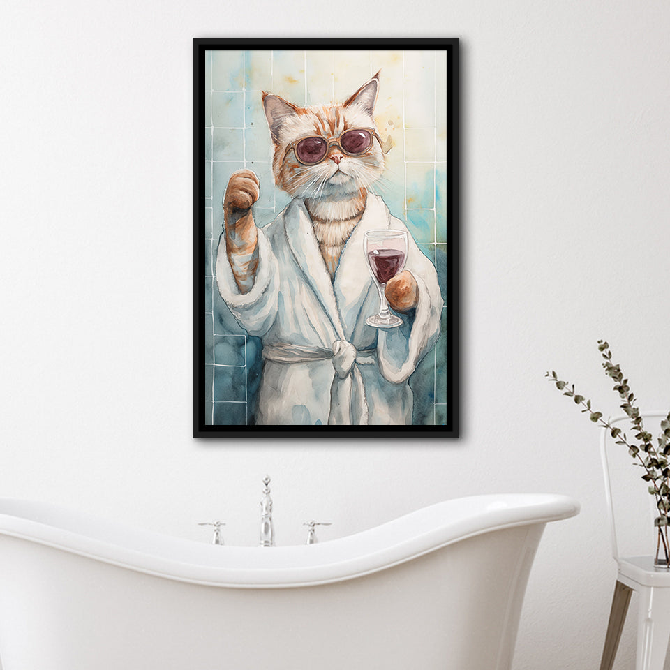 Cool Cat Holding The Cup Of Red Wine In Bathroom Decor Framed Canvas Prints Wall Art, Bathroom Framed Art Decor