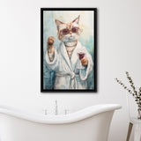 Cool Cat Holding The Cup Of Red Wine In Bathroom Decor Framed Canvas Prints Wall Art, Bathroom Framed Art Decor