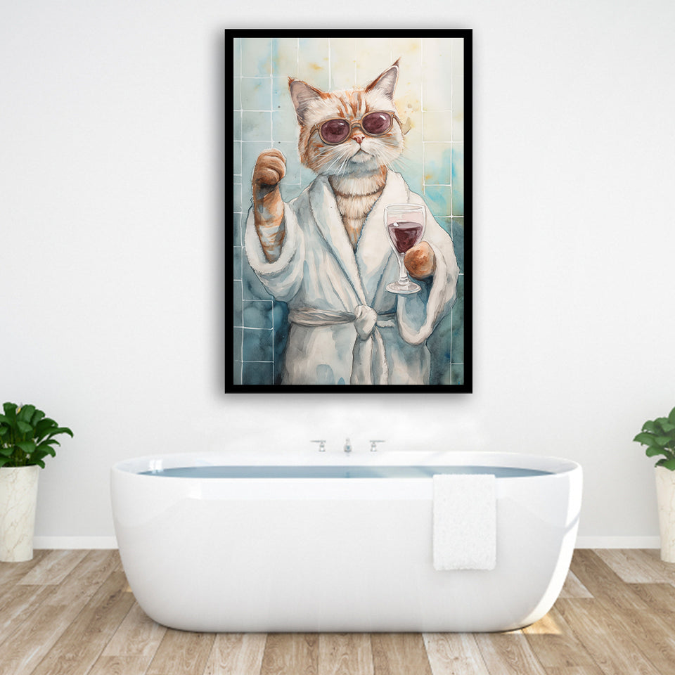 Cool Cat Holding The Cup Of Red Wine In Bathroom Decor Framed Art Print Wall Decor, Bathroom Framed Art Decor
