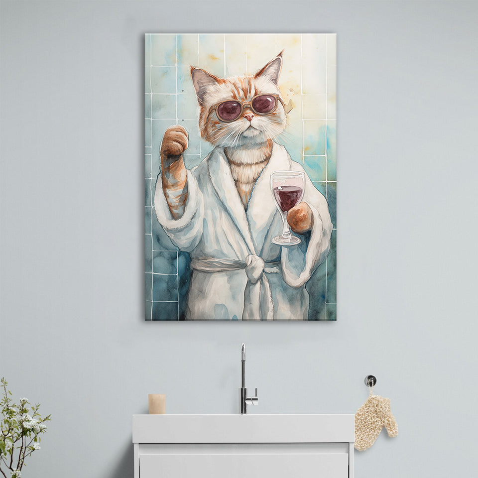 Cool Cat Holding The Cup Of Red Wine In Bathroom Decor Canvas Prints Wall Art, Bathroom Art Decor,