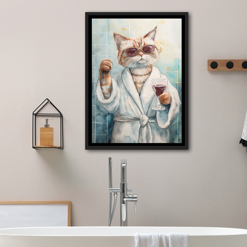 Cool Cat Holding The Cup Of Red Wine In Bathroom Decor Framed Canvas Prints Wall Art, Bathroom Framed Art Decor
