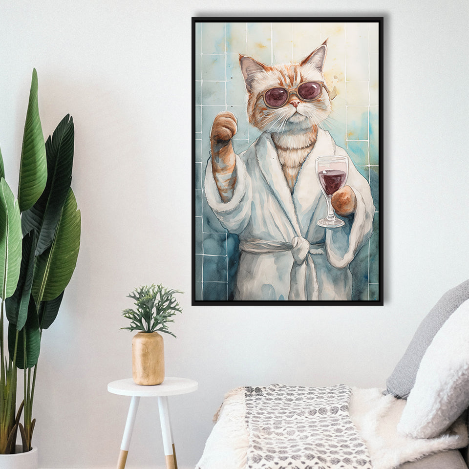 Cool Cat Holding The Cup Of Red Wine In Bathroom Decor Framed Canvas Prints Wall Art, Bathroom Framed Art Decor