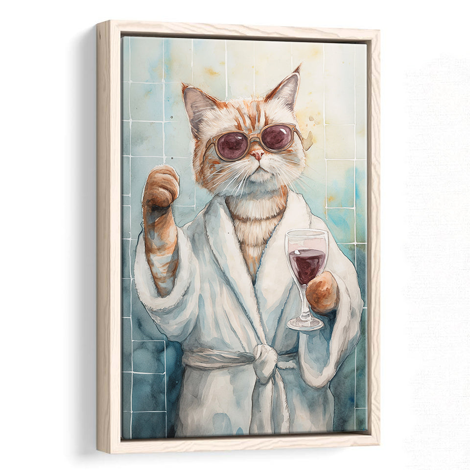 Cool Cat Holding The Cup Of Red Wine In Bathroom Decor Framed Canvas Prints Wall Art, Bathroom Framed Art Decor
