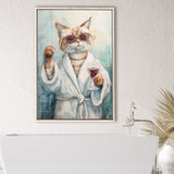 Cool Cat Holding The Cup Of Red Wine In Bathroom Decor Framed Canvas Prints Wall Art, Bathroom Framed Art Decor
