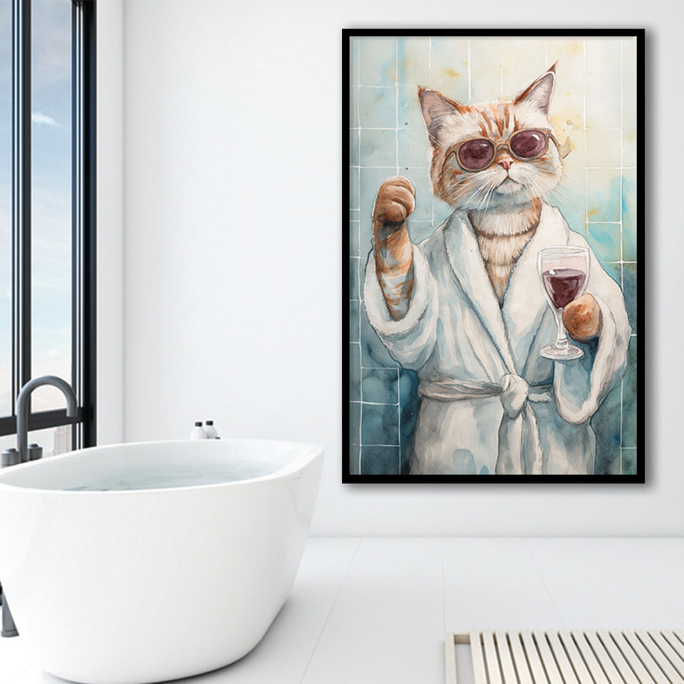 Cool Cat Holding The Cup Of Red Wine In Bathroom Decor Framed Art Print Wall Decor, Bathroom Framed Art Decor