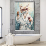 Cool Cat Holding The Cup Of Red Wine In Bathroom Decor Framed Canvas Prints Wall Art, Bathroom Framed Art Decor