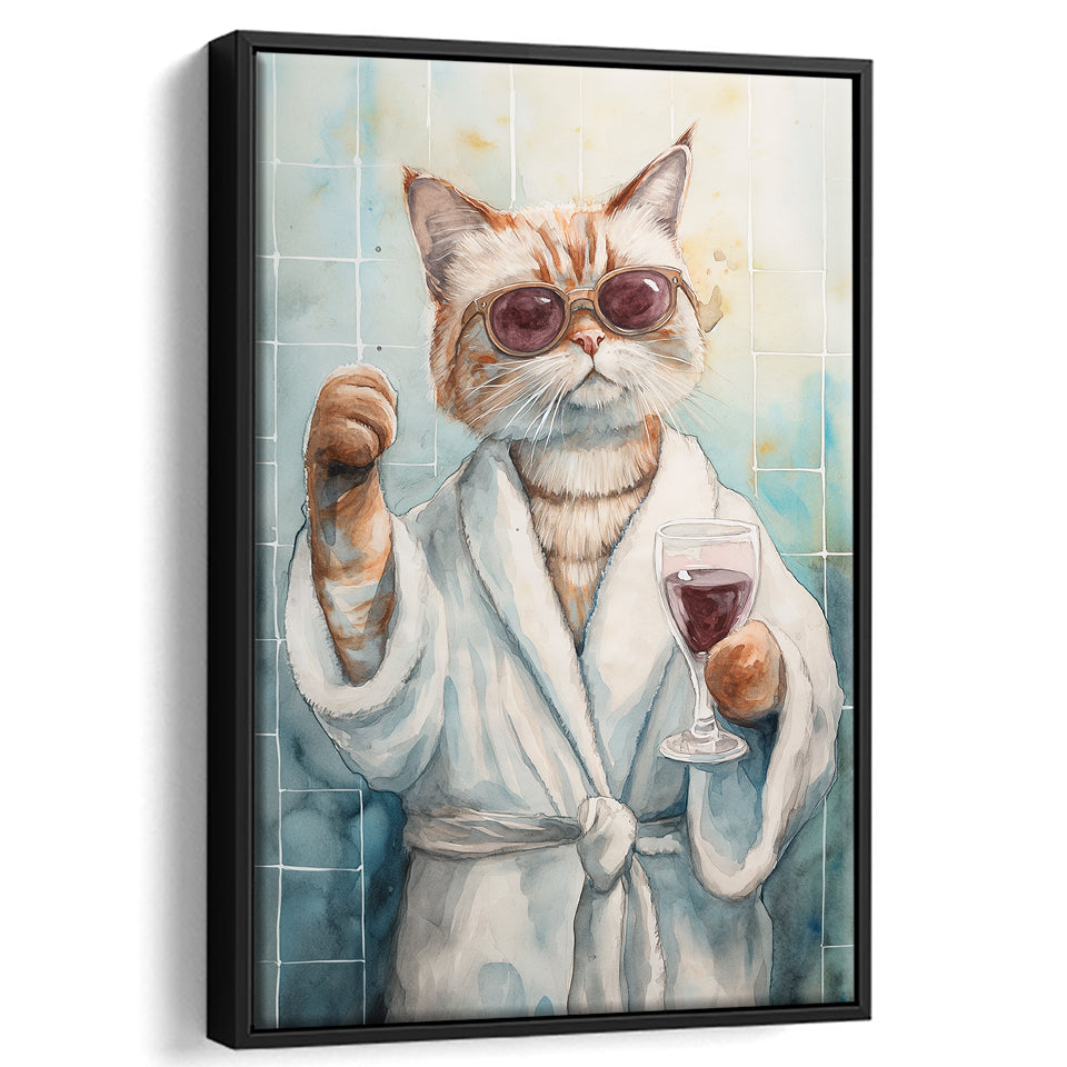 Cool Cat Holding The Cup Of Red Wine In Bathroom Decor Framed Canvas Prints Wall Art, Bathroom Framed Art Decor