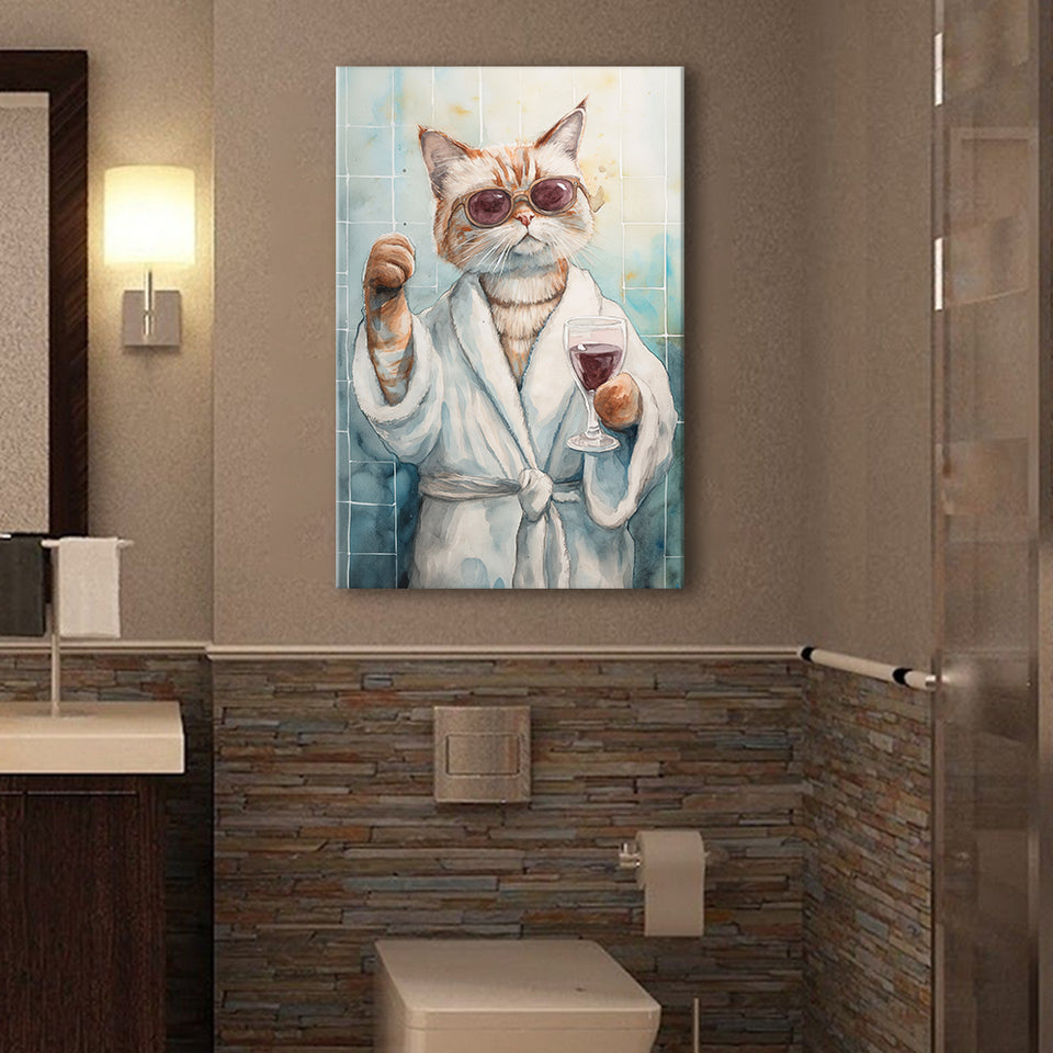 Cool Cat Holding The Cup Of Red Wine In Bathroom Decor Canvas Prints Wall Art, Bathroom Art Decor,