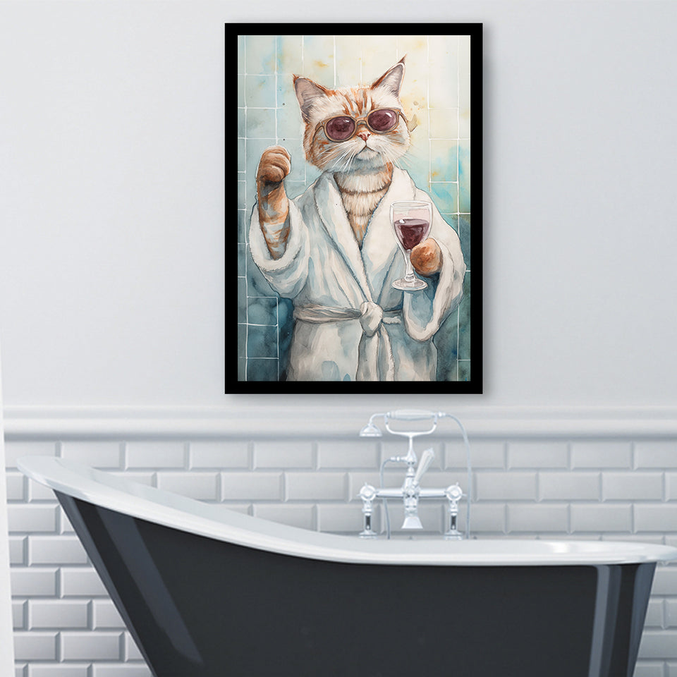 Cool Cat Holding The Cup Of Red Wine In Bathroom Decor Framed Art Print Wall Decor, Bathroom Framed Art Decor