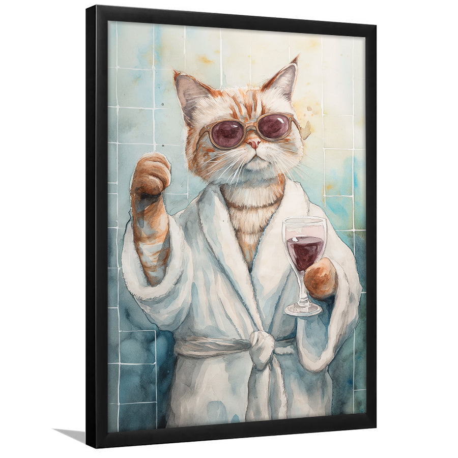 Cool Cat Holding The Cup Of Red Wine In Bathroom Decor Framed Art Print Wall Decor, Bathroom Framed Art Decor