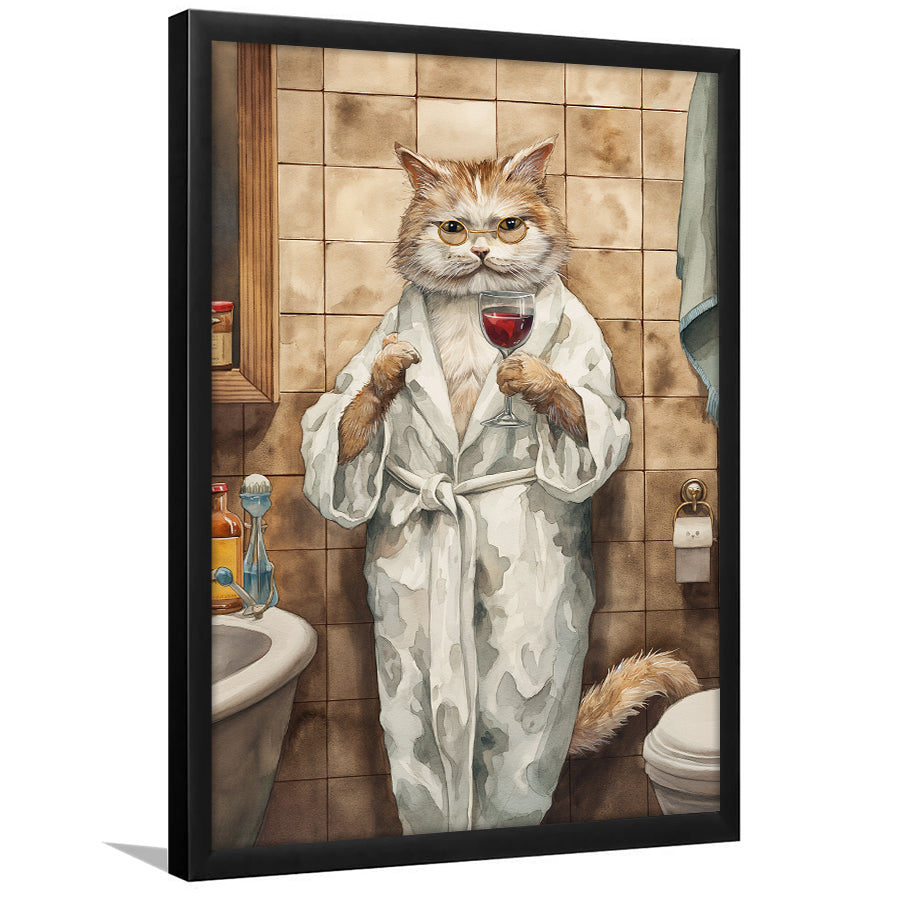 Cool Cat The Cup Of Red Wine Bathroom Decor Animal Art Framed Art Print Wall Decor, Bathroom Framed Art Decor