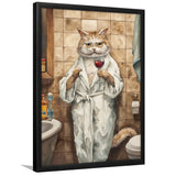 Cool Cat The Cup Of Red Wine Bathroom Decor Animal Art Framed Art Print Wall Decor, Bathroom Framed Art Decor
