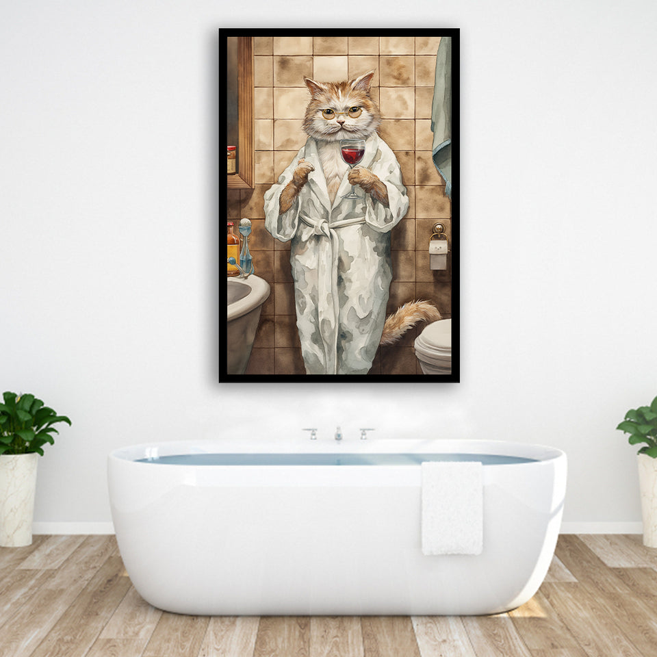 Cool Cat The Cup Of Red Wine Bathroom Decor Animal Art Framed Art Print Wall Decor, Bathroom Framed Art Decor
