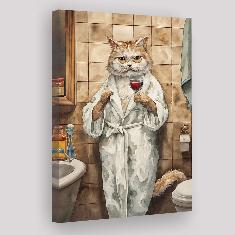 Cool Cat The Cup Of Red Wine Bathroom Decor Animal Art Canvas Prints Wall Art, Bathroom Art Decor,