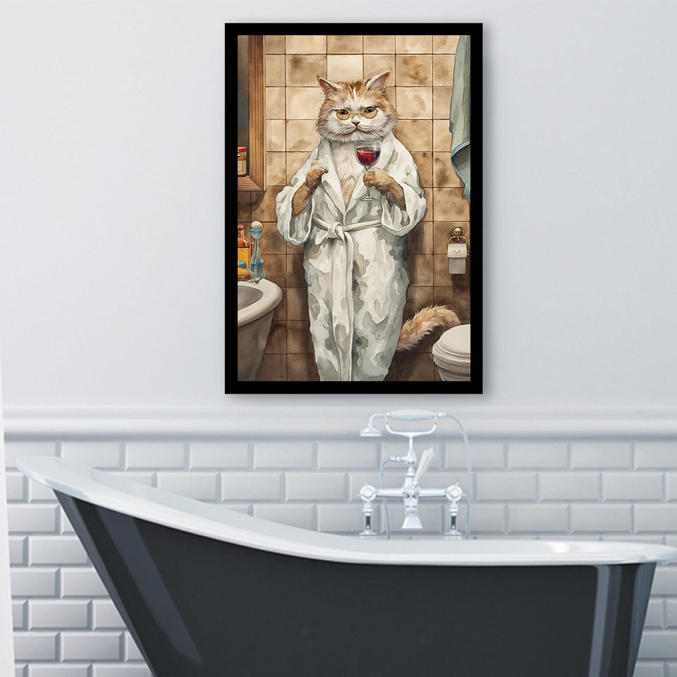 Cool Cat The Cup Of Red Wine Bathroom Decor Animal Art Framed Art Print Wall Decor, Bathroom Framed Art Decor