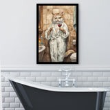 Cool Cat The Cup Of Red Wine Bathroom Decor Animal Art Framed Art Print Wall Decor, Bathroom Framed Art Decor