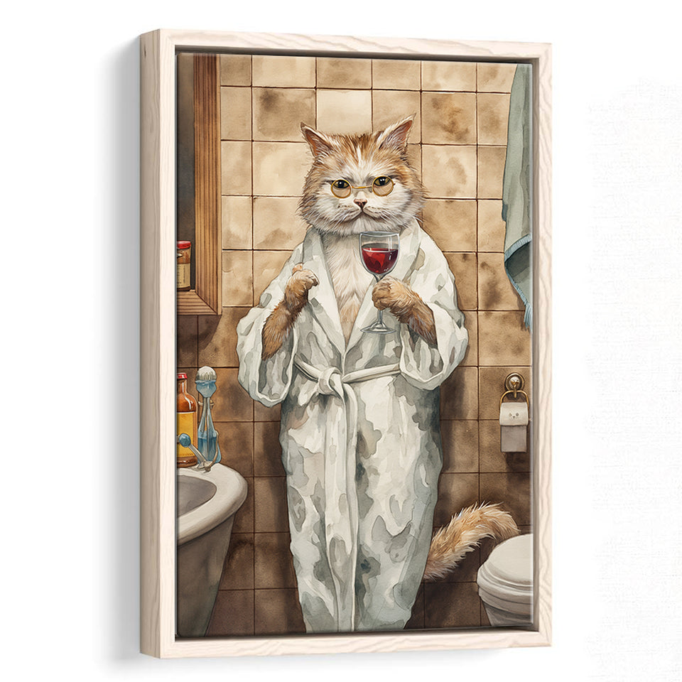 Cool Cat The Cup Of Red Wine Bathroom Decor Animal Art Framed Canvas Prints Wall Art, Bathroom Framed Art Decor