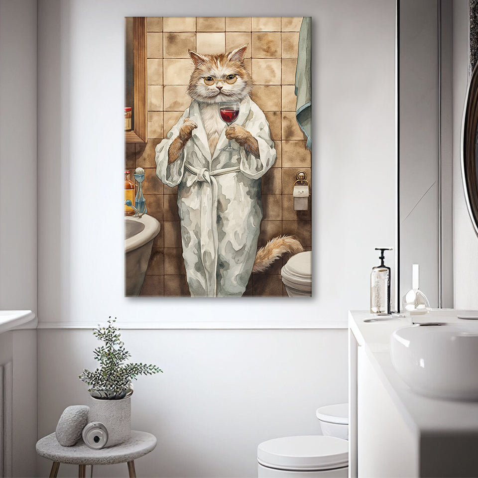 Cool Cat The Cup Of Red Wine Bathroom Decor Animal Art Canvas Prints Wall Art, Bathroom Art Decor,
