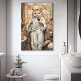 Cool Cat The Cup Of Red Wine Bathroom Decor Animal Art Canvas Prints Wall Art, Bathroom Art Decor,