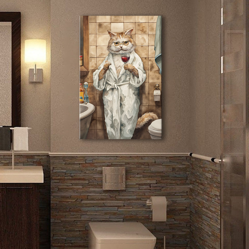 Cool Cat The Cup Of Red Wine Bathroom Decor Animal Art Canvas Prints Wall Art, Bathroom Art Decor,