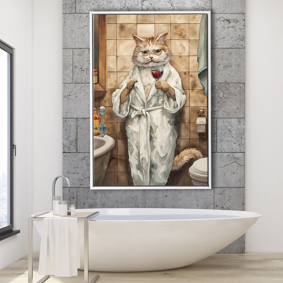 Cool Cat The Cup Of Red Wine Bathroom Decor Animal Art Framed Canvas Prints Wall Art, Bathroom Framed Art Decor