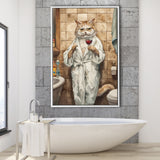 Cool Cat The Cup Of Red Wine Bathroom Decor Animal Art Framed Canvas Prints Wall Art, Bathroom Framed Art Decor