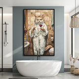 Cool Cat The Cup Of Red Wine Bathroom Decor Animal Art Framed Canvas Prints Wall Art, Bathroom Framed Art Decor