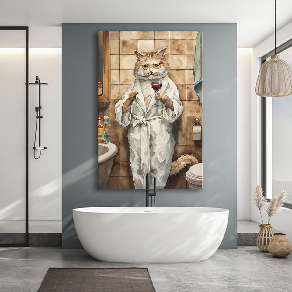 Cool Cat The Cup Of Red Wine Bathroom Decor Animal Art Canvas Prints Wall Art, Bathroom Art Decor,