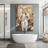 Cool Cat The Cup Of Red Wine Bathroom Decor Animal Art Canvas Prints Wall Art, Bathroom Art Decor,