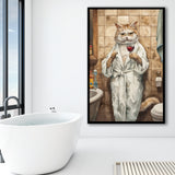 Cool Cat The Cup Of Red Wine Bathroom Decor Animal Art Framed Art Print Wall Decor, Bathroom Framed Art Decor