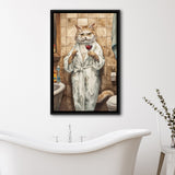 Cool Cat The Cup Of Red Wine Bathroom Decor Animal Art Framed Canvas Prints Wall Art, Bathroom Framed Art Decor