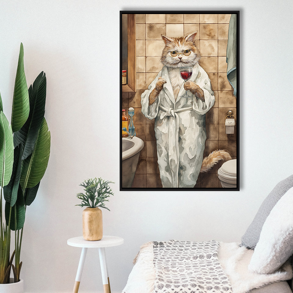 Cool Cat The Cup Of Red Wine Bathroom Decor Animal Art Framed Canvas Prints Wall Art, Bathroom Framed Art Decor