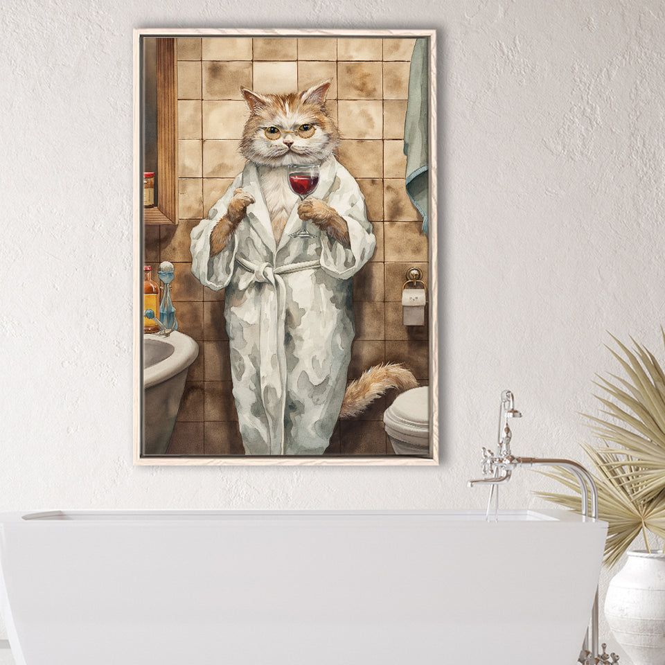 Cool Cat The Cup Of Red Wine Bathroom Decor Animal Art Framed Canvas Prints Wall Art, Bathroom Framed Art Decor