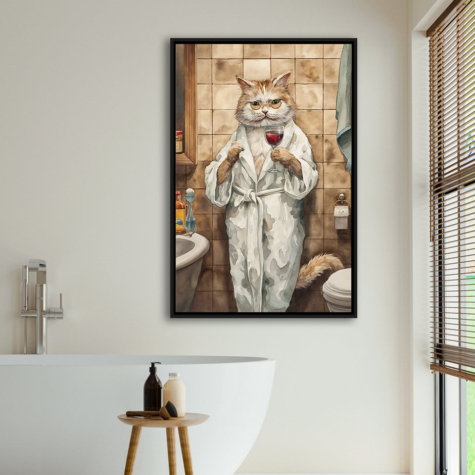 Cool Cat The Cup Of Red Wine Bathroom Decor Animal Art Framed Canvas Prints Wall Art, Bathroom Framed Art Decor