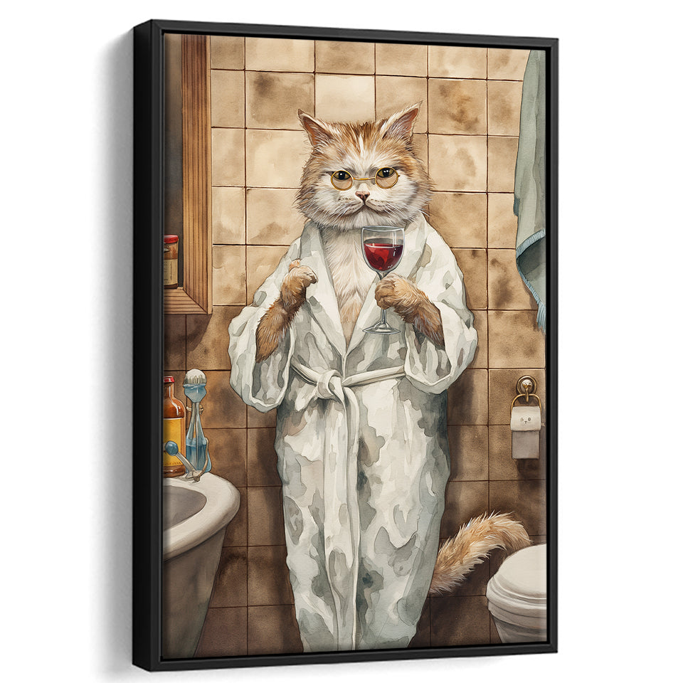 Cool Cat The Cup Of Red Wine Bathroom Decor Animal Art Framed Canvas Prints Wall Art, Bathroom Framed Art Decor