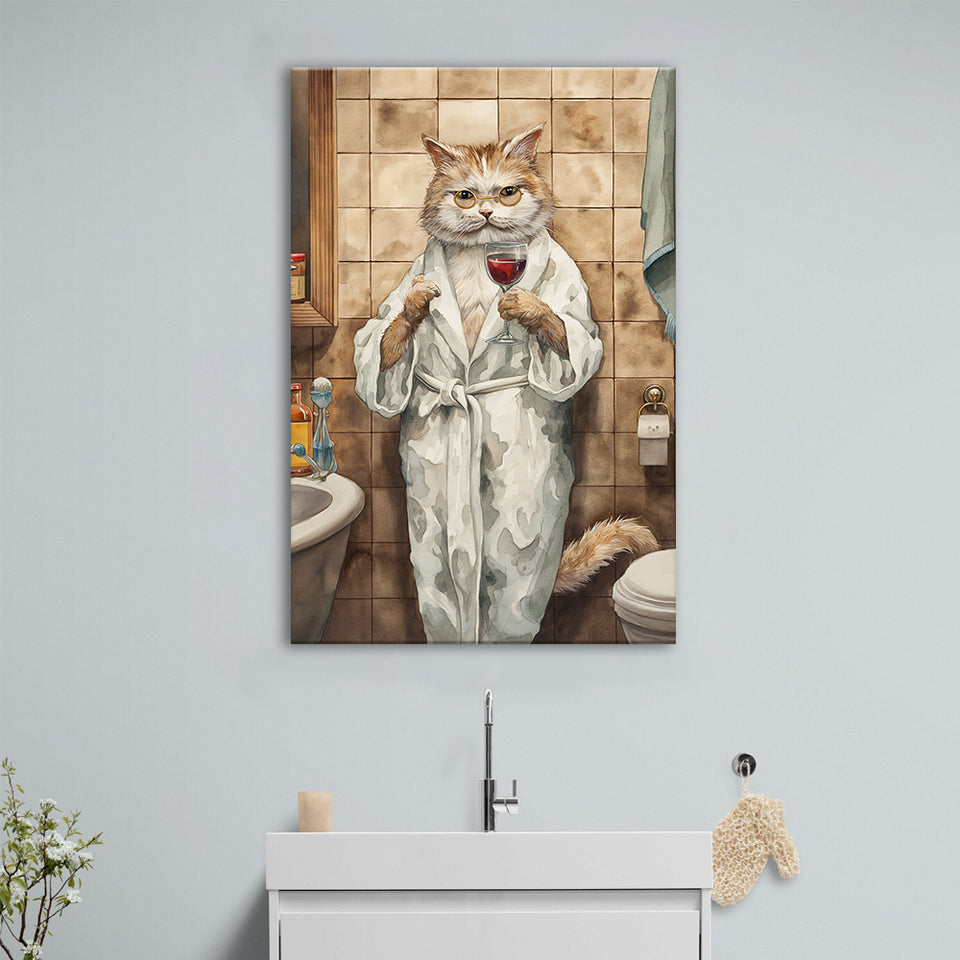 Cool Cat The Cup Of Red Wine Bathroom Decor Animal Art Canvas Prints Wall Art, Bathroom Art Decor,