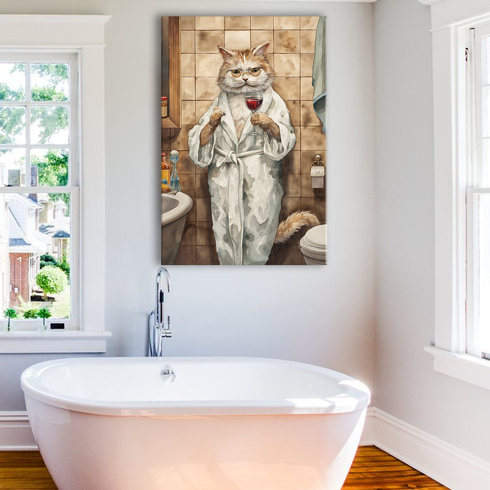 Cool Cat The Cup Of Red Wine Bathroom Decor Animal Art Canvas Prints Wall Art, Bathroom Art Decor,