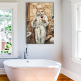 Cool Cat The Cup Of Red Wine Bathroom Decor Animal Art Canvas Prints Wall Art, Bathroom Art Decor,